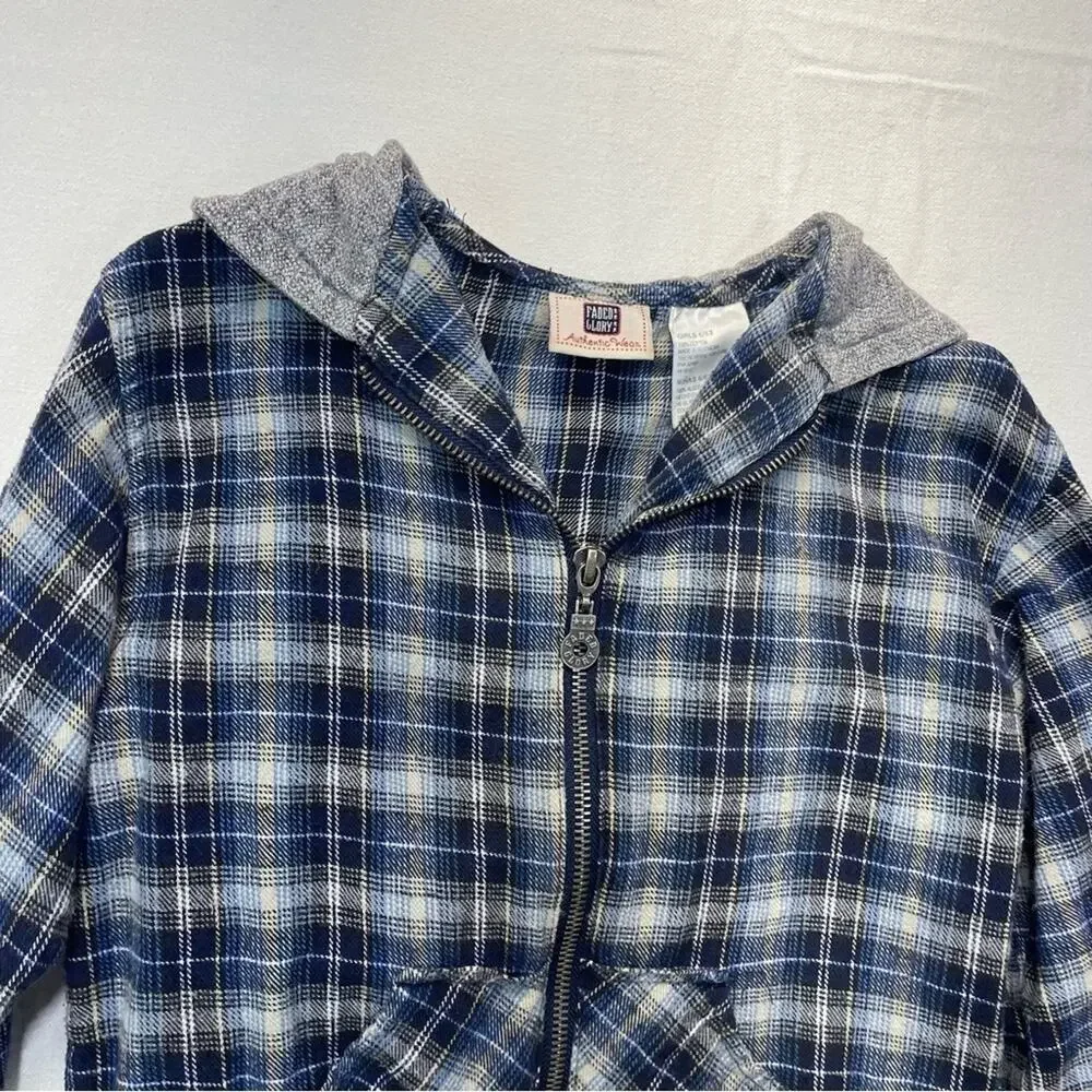 Girls Plaid Flannel Hoodie Jacket Size 6 Blue Gray Full Zip Hooded Shirt Jacket